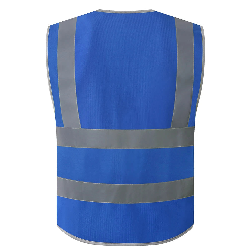 Back view of a bright blue hi-vis safety vest with vertical and horizontal reflective silver strips.