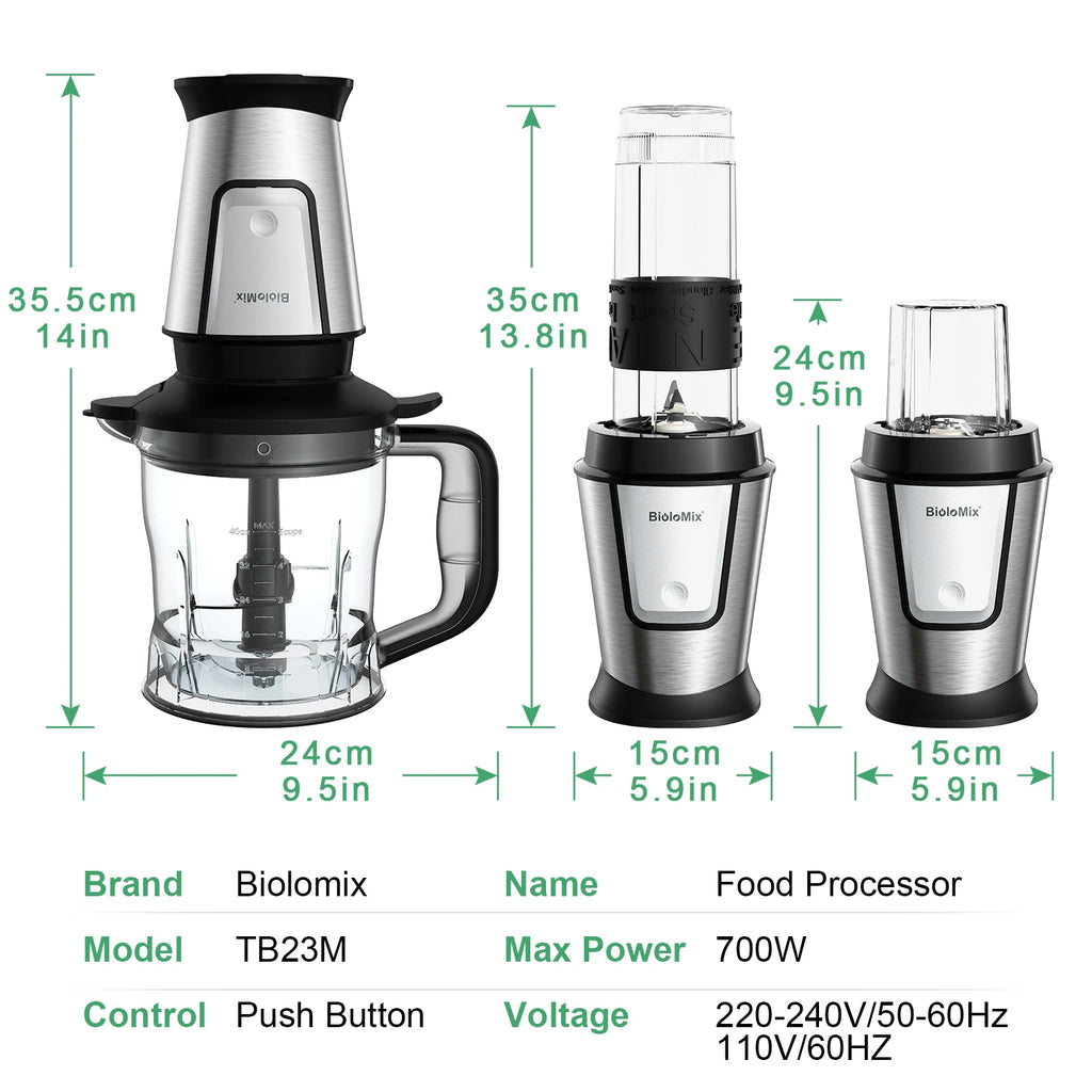 Silver and black electric food processor set with three interchangeable containers and dimension labels.