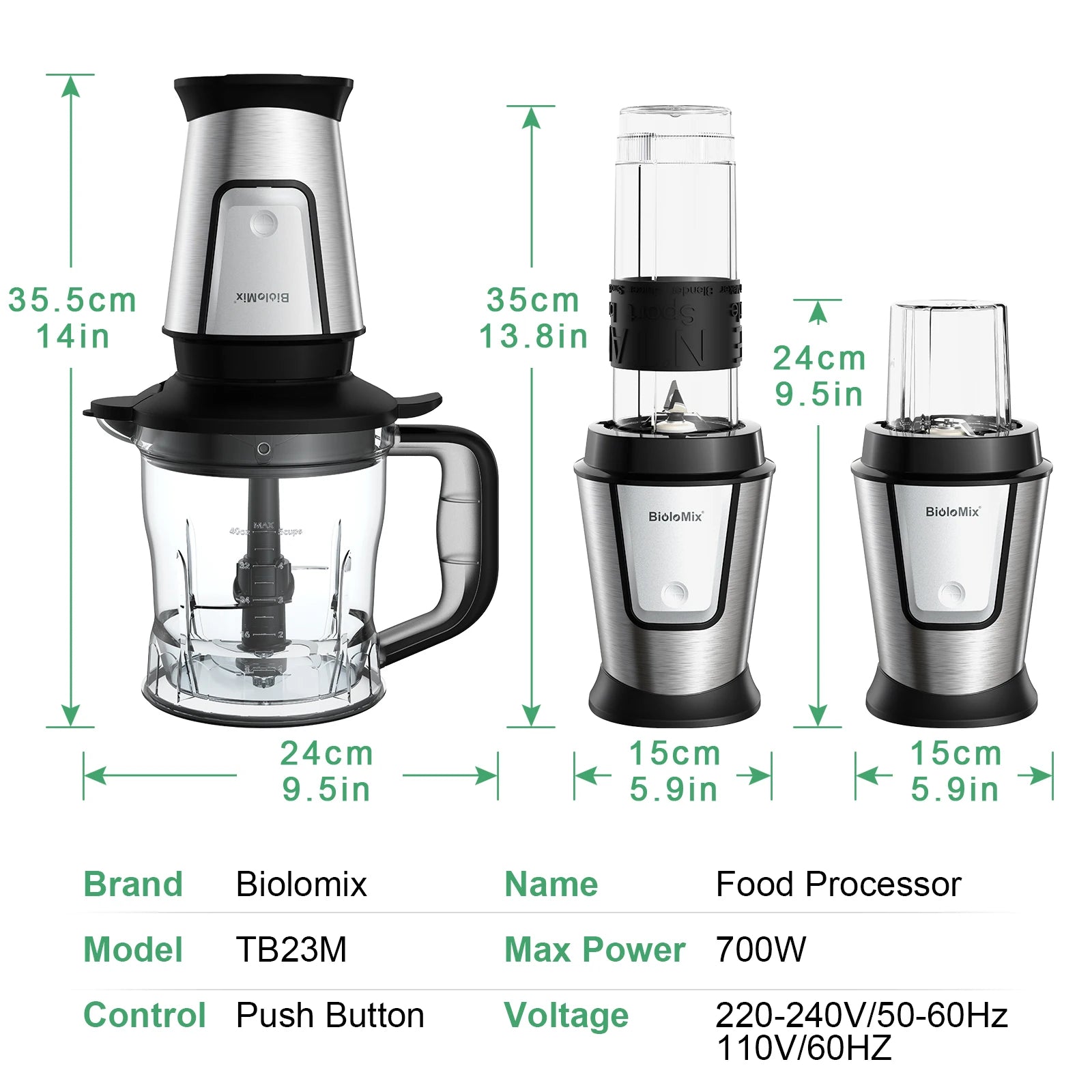 Silver and black electric food processor set with three interchangeable containers and dimension labels.
