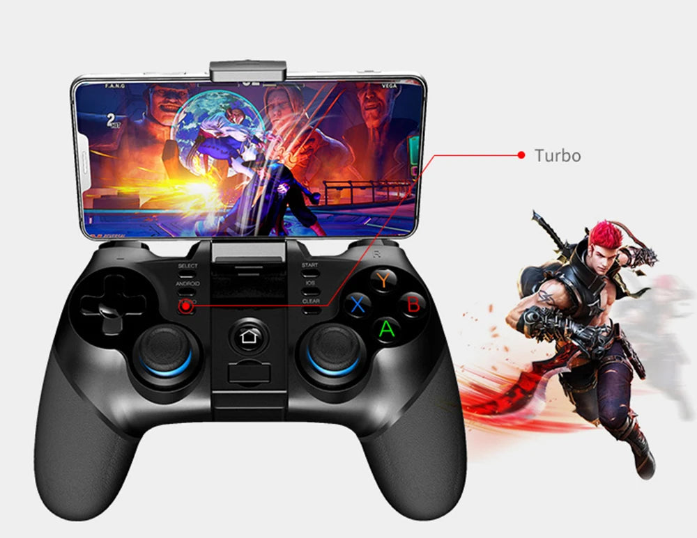 Black gaming controller for smartphones with a central phone mount, coloured action buttons and a 'Turbo' feature.
