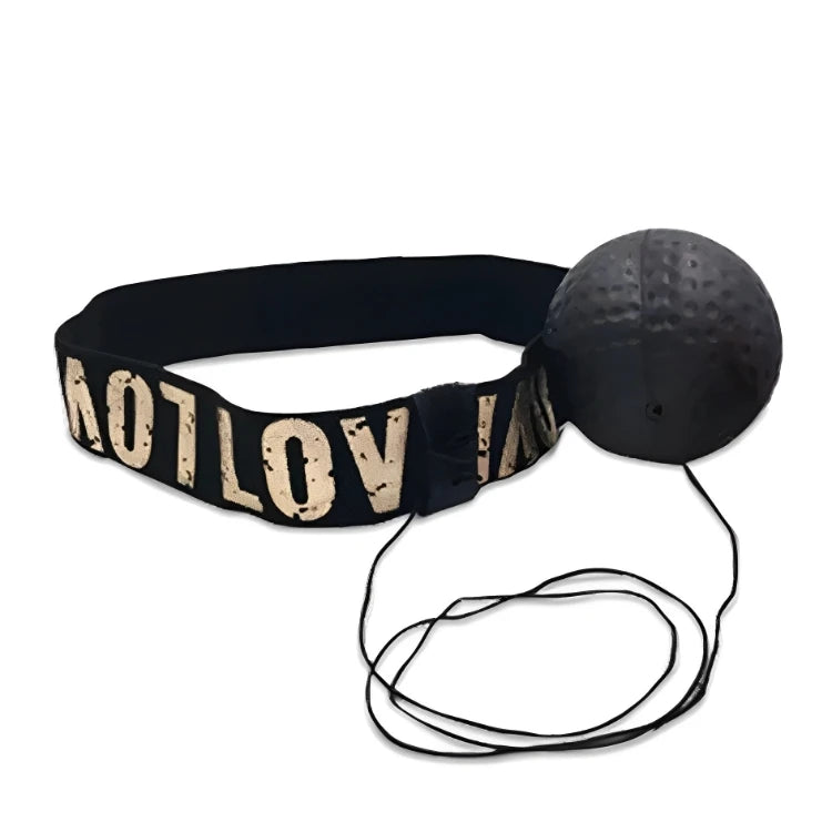 Black boxing reflex ball with an elastic headband featuring white text, connected by a thin string.