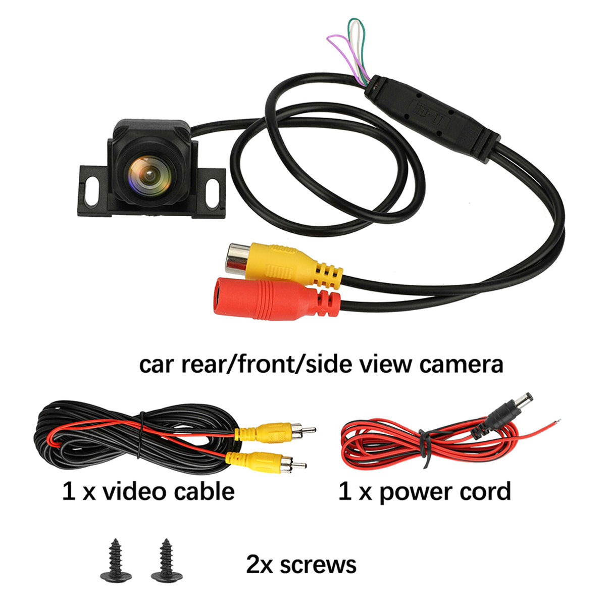 Black vehicle reversing camera kit with wide-angle lens, video cable, power cord, and two mounting screws.