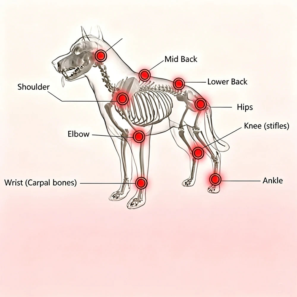 An anatomical diagram of a dog highlighting joint pain areas with glowing red circles for red light therapy.