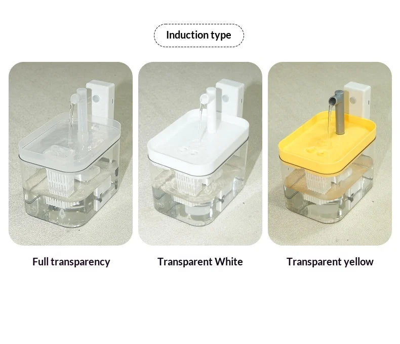 Three induction-type pet water fountains with filters, available in full transparency, white, and yellow designs.