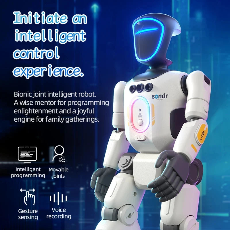 White and dark gray humanoid robot with glowing blue visor, chest light, and four feature icons on left.