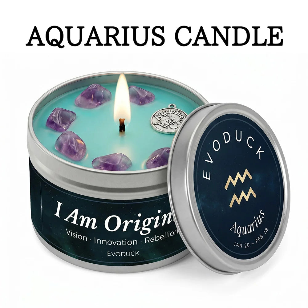 Aquarius-themed candle in a metal tin with blue wax, amethyst crystals, and a silver zodiac charm.
