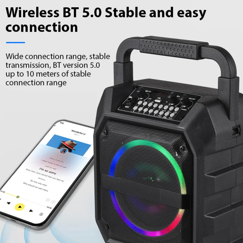 Portable black wireless speaker with a carry handle, multicoloured LED ring light, and control panel.