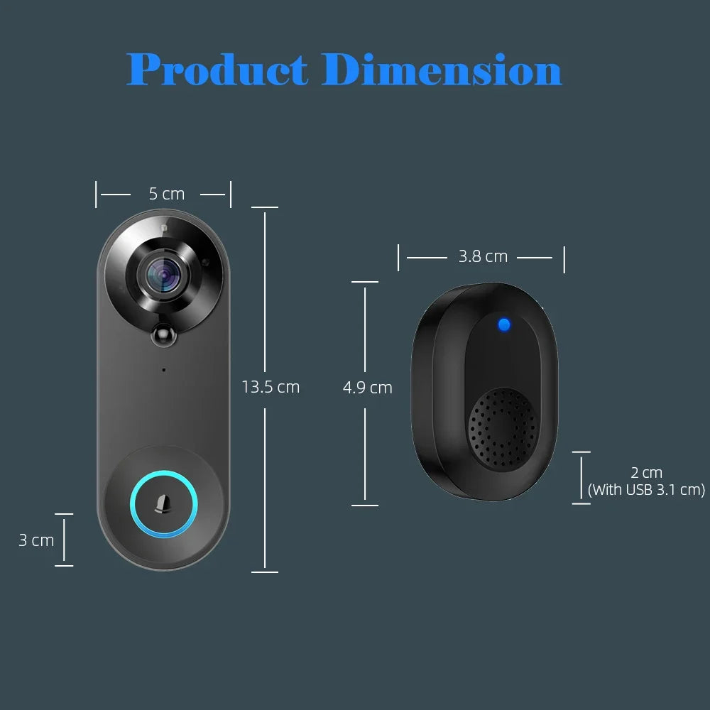 Slim, black wireless smart doorbell with camera and chime, showing technical measurements in centimetres.