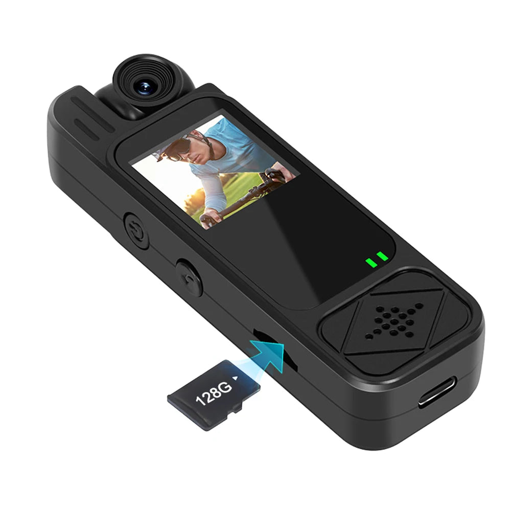 Black plastic body camera with a screen, camera lens, buttons, speaker, charging port, and 128GB microSD card.