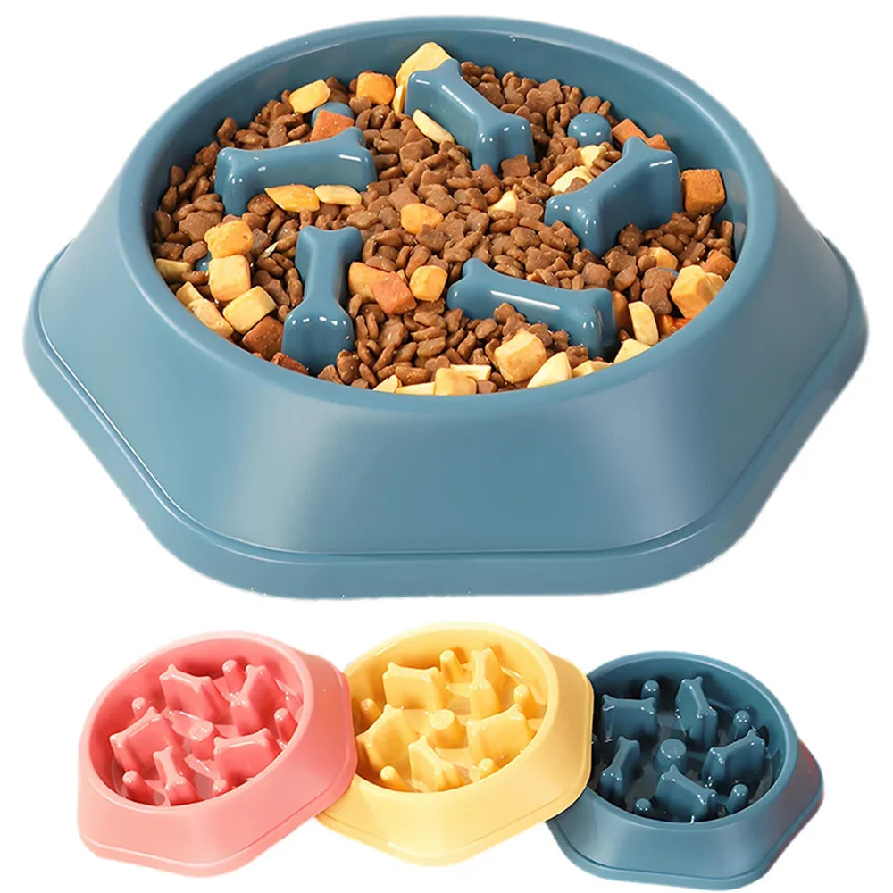 Blue, yellow, and pink slow-feeder pet bowls with bone-shaped obstacles to discourage rapid eating.
