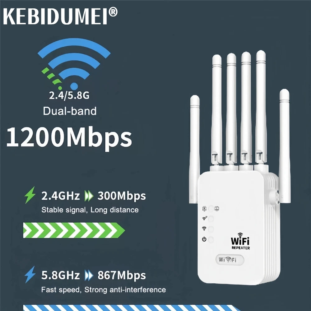 White 1200Mbps dual-band WiFi repeater with four external antennas for improved signal strength and speed.