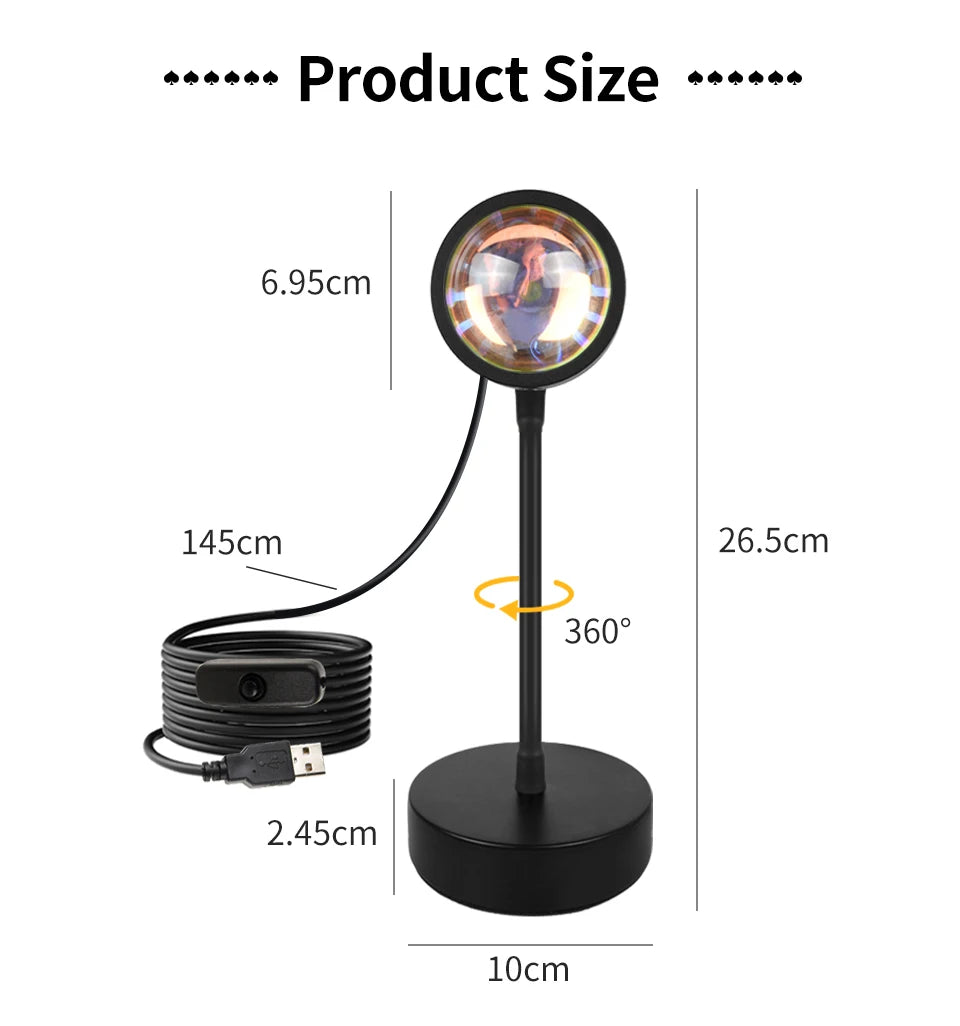 Black sunset LED projection lamp with a 360-degree rotating head, USB power cable, and dimensions shown in centimetres.
