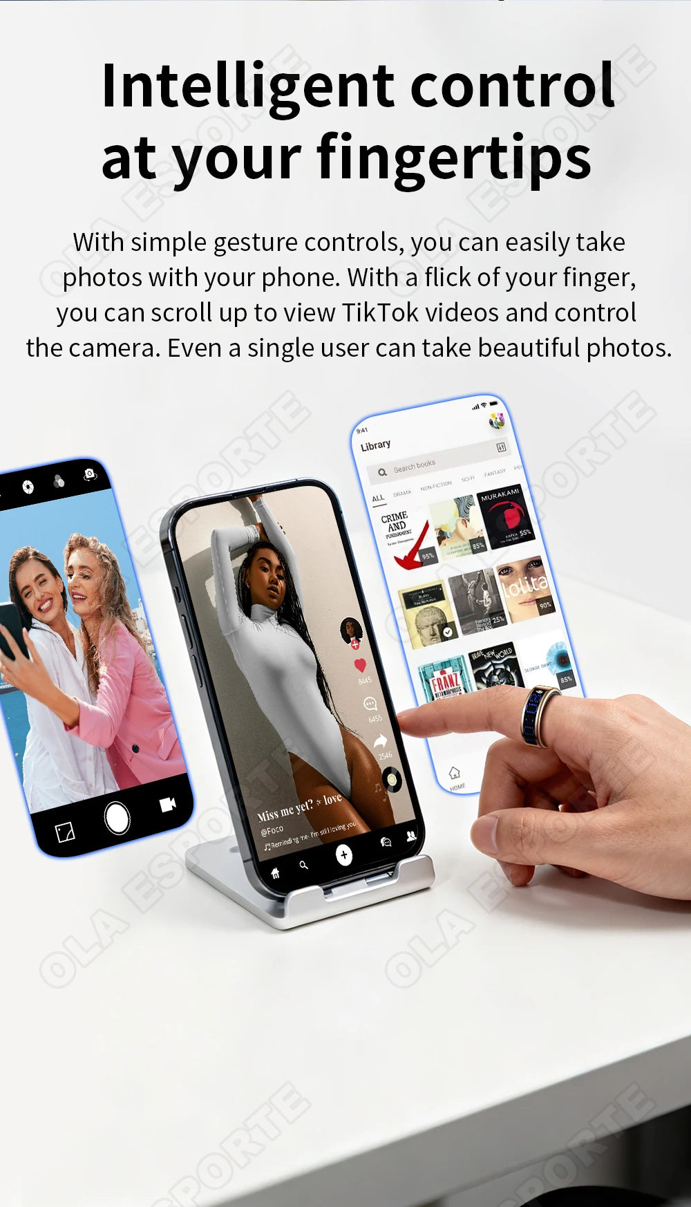 A slim black smart health tracking ring on a finger, used to control smartphone gestures for camera and app scrolling.