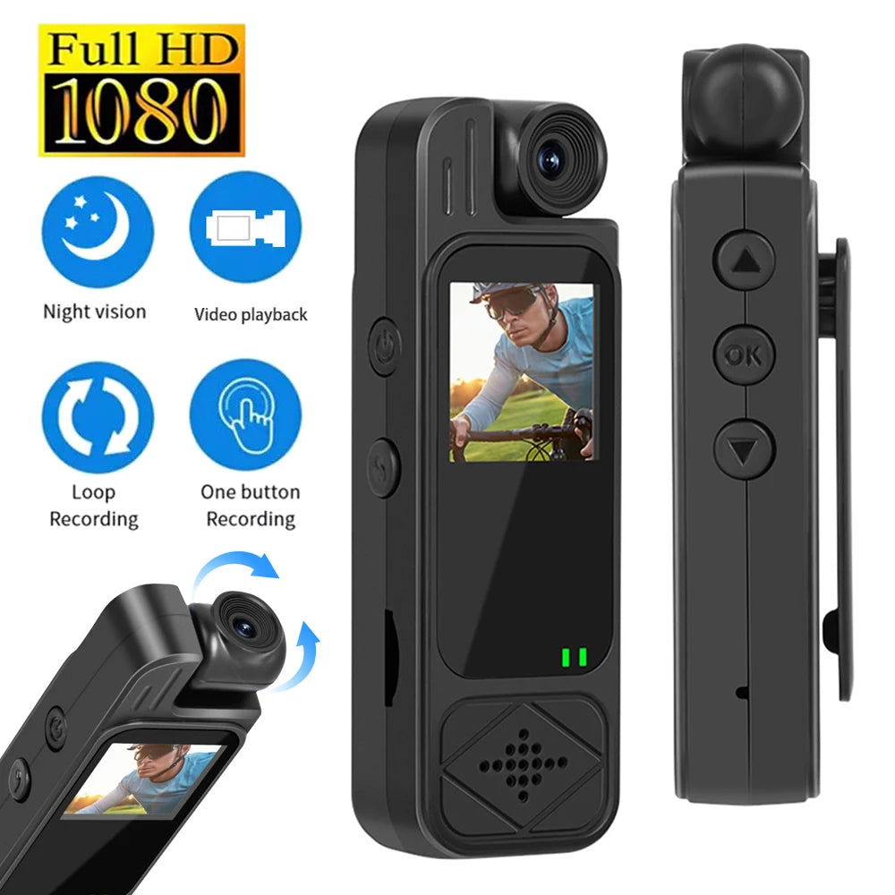 Black plastic body camera with 1080p screen, rotating lens, clip, and button controls for recording and playback.