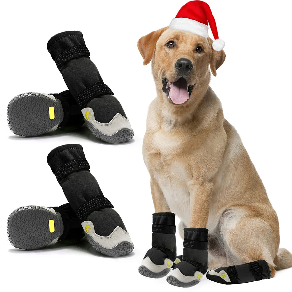 Golden retriever wearing a Santa hat next to black, waterproof, non-slip dog boots with adjustable velcro straps.
