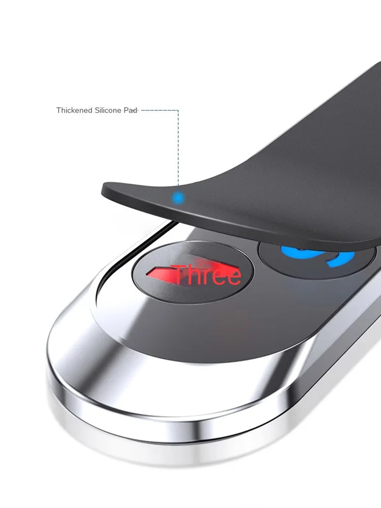 Silver and black device featuring a thickened silicone pad, rounded edges, and digital indicators with red text.
