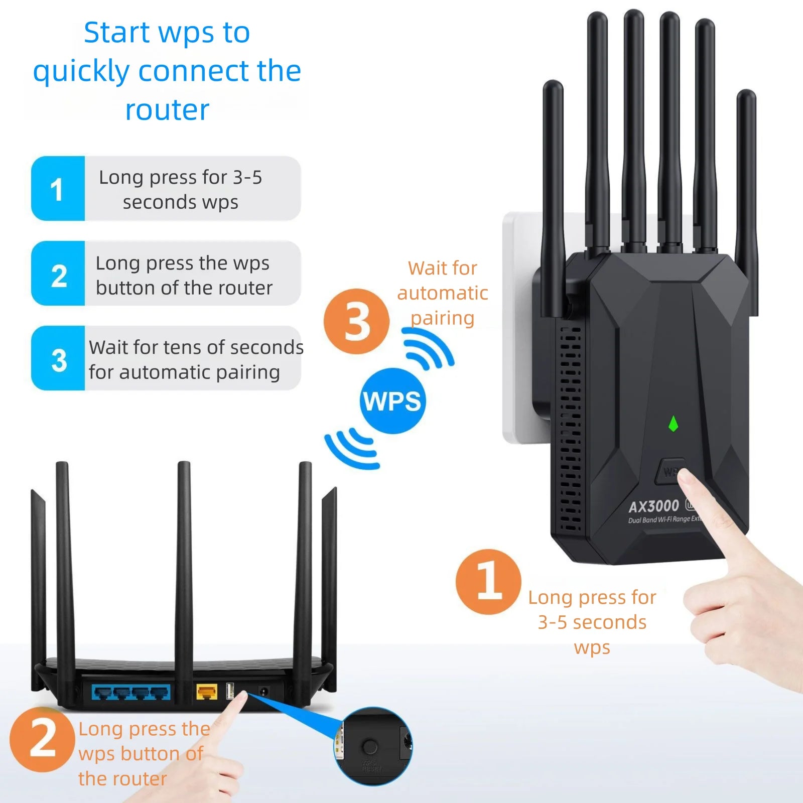 Black, 5-antenna WiFi 6 signal booster plugged into a wall, showing a simple 3-step WPS wireless setup guide.
