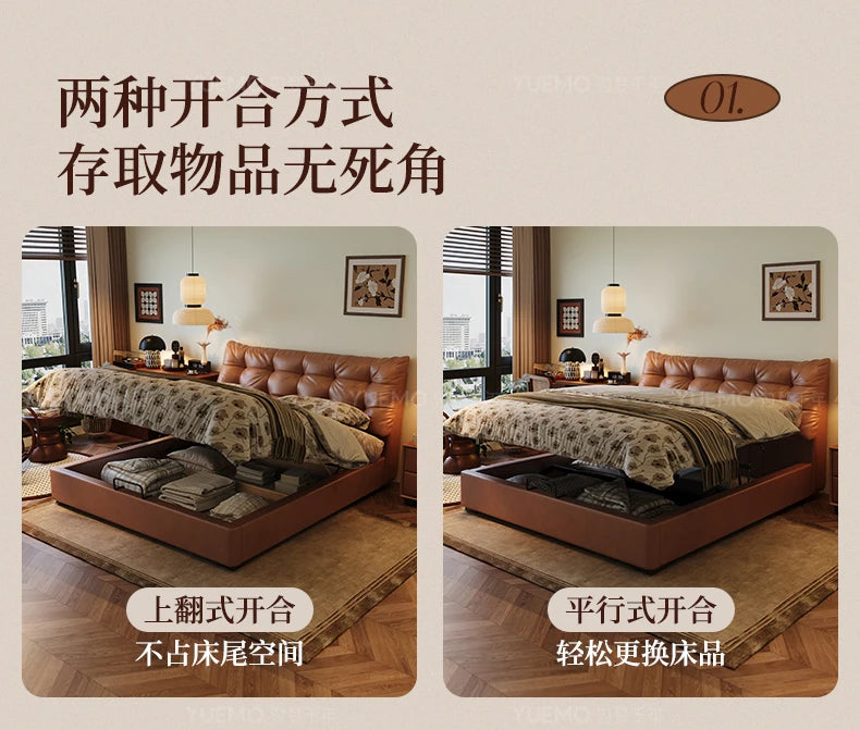 Modern Nordic tan leather double bed with a buttoned headboard and a dual-access hydraulic storage base.