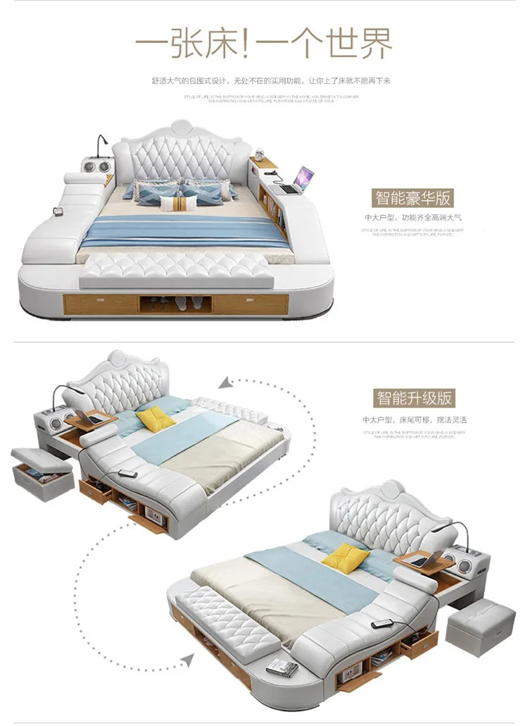 Modern white upholstered double bed with a tufted headboard, integrated storage drawers, shelves, and side tables.