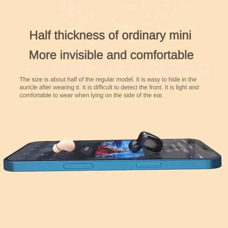 Two small, ultra-slim wireless earbuds in beige and black resting on a smartphone screen.