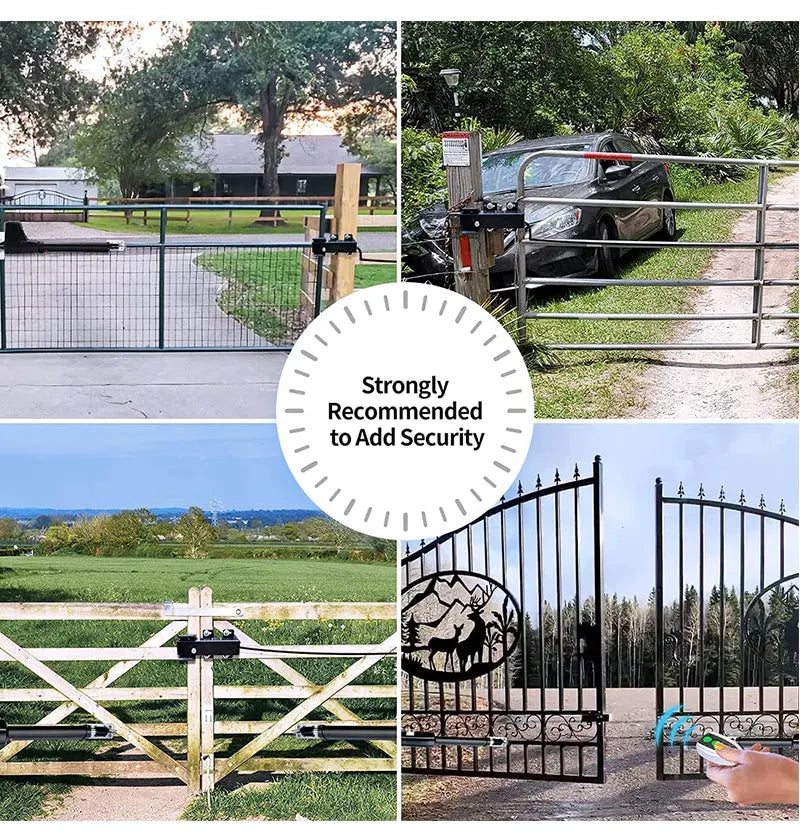 Black metal automatic gate opener kits installed on various farm, residential, and iron gates with remote control.