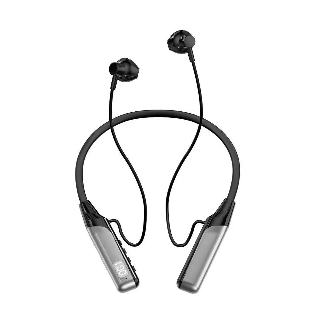 Black wireless neckband headphones with magnetic earbuds and a digital battery display on a silver-grey neckpiece.