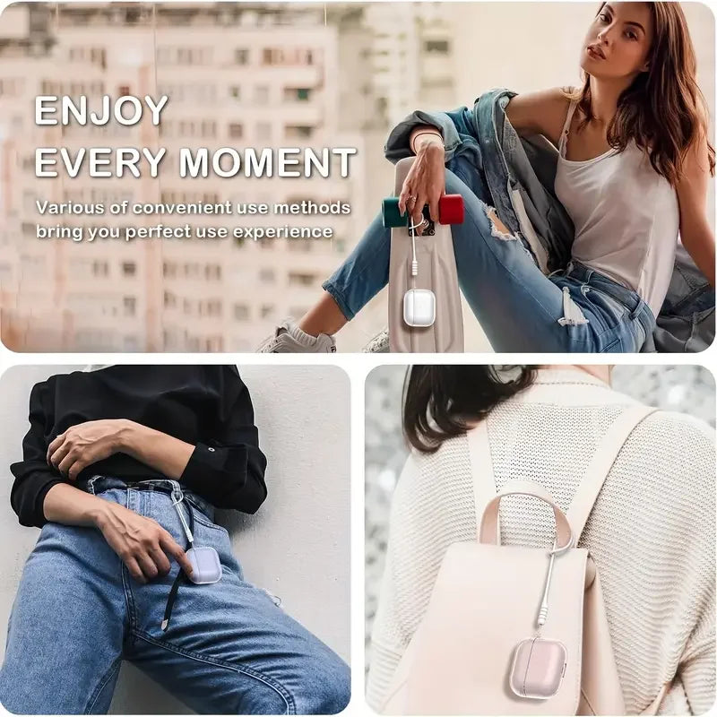 Clear silicone protective case for Apple AirPods with integrated carry strap, shown in white and soft pink.