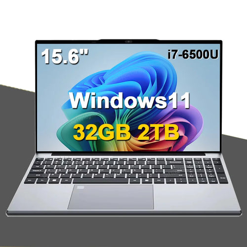 Sleek silver 15.6-inch laptop with a black keyboard, Windows 11, 32GB RAM, and 2TB SSD storage.