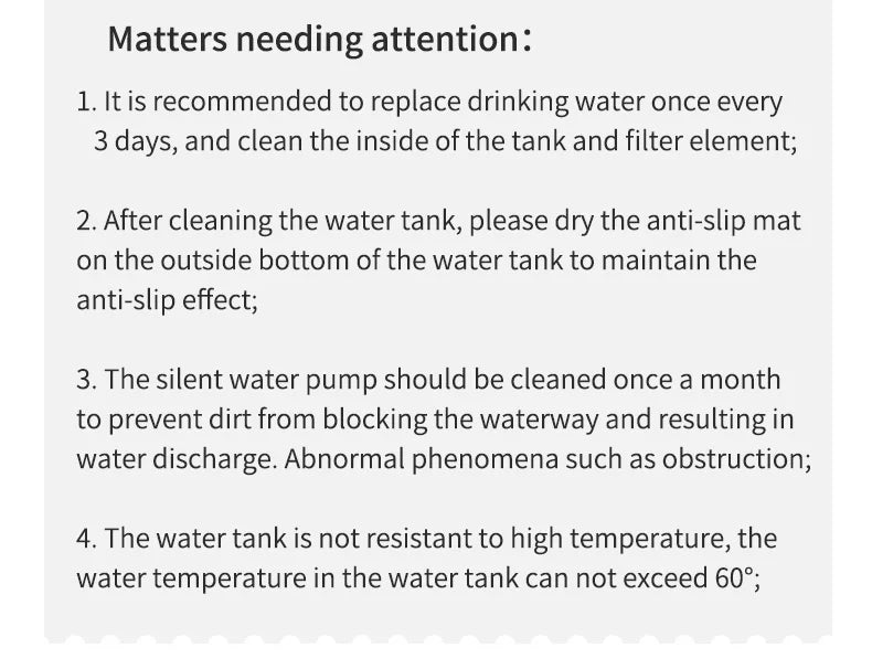 Instructions for maintaining a pet water fountain, including cleaning the tank, filter, and pump.