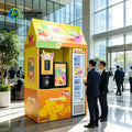 Yellow commercial slush and smoothie vending kiosk with vibrant fruit graphics, built-in dispensers, and a refrigerated door.