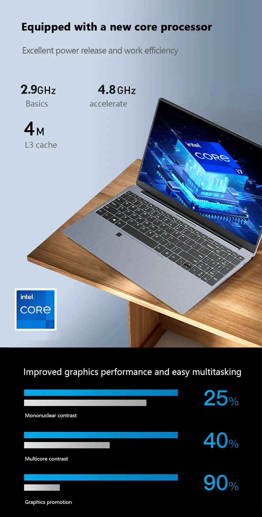 Ultra-slim 15.6-inch grey laptop on a wooden desk, featuring a high-performance processor and sleek design.