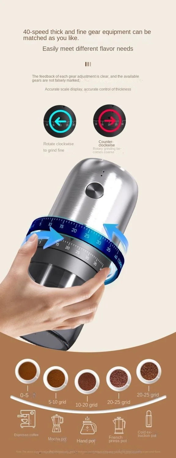Hand holding a silver manual coffee grinder with a blue adjustable grinding scale ring, showing various texture levels.