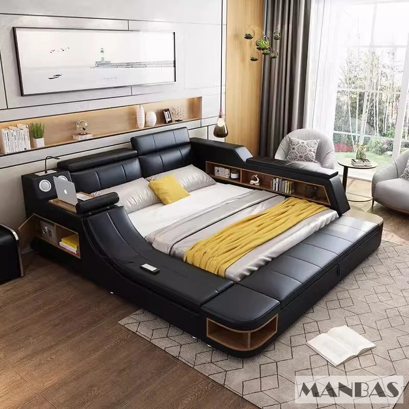 Luxury black leather smart bed frame with built-in storage shelves, integrated side table, and LED lighting.