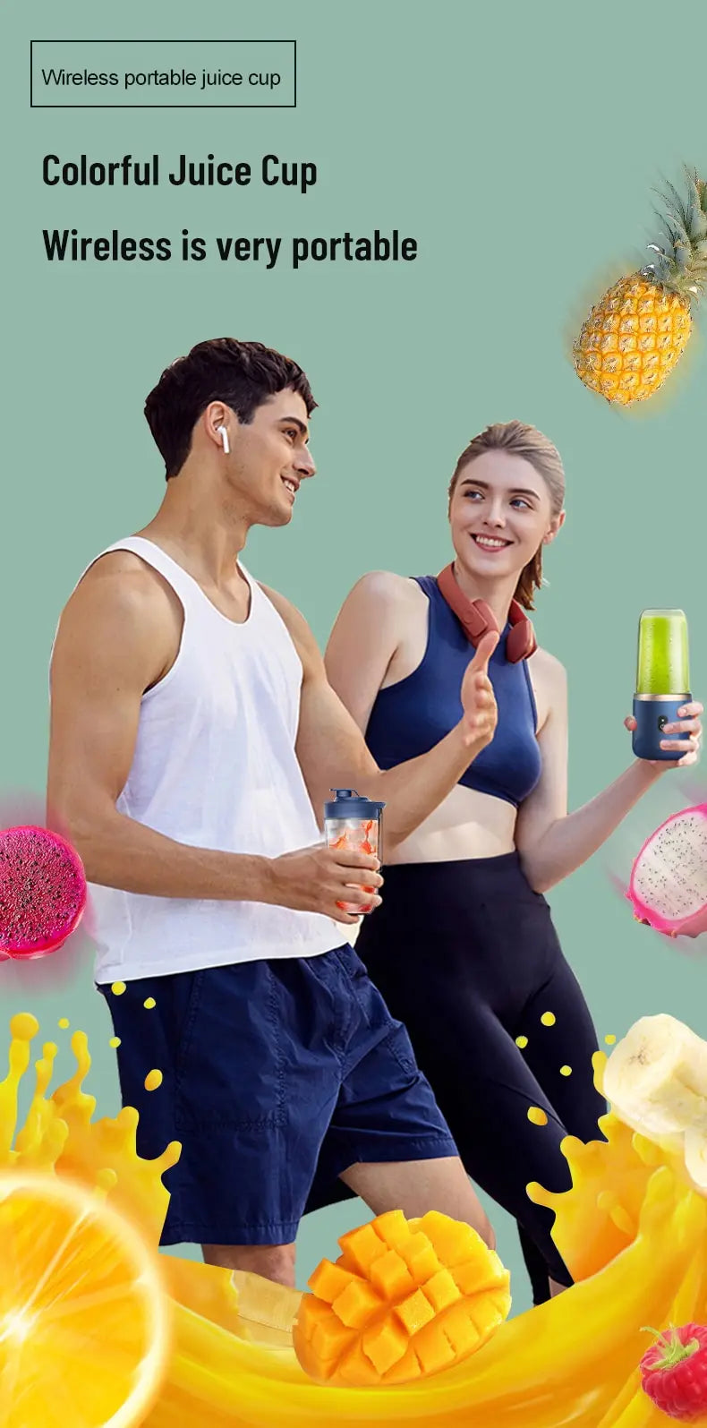 A man and woman holding sleek, portable wireless juice blenders with blue and silver designs surrounded by fruit.