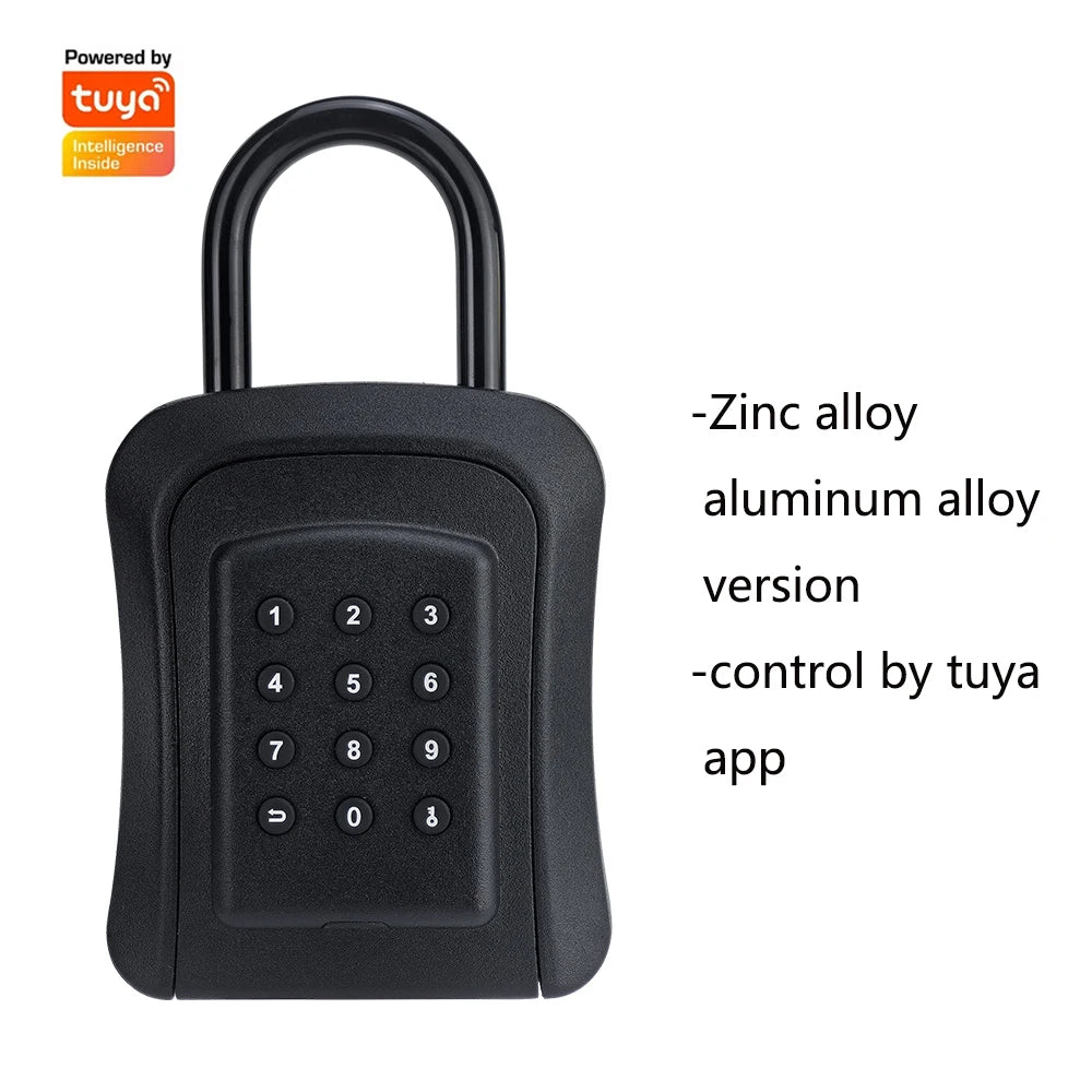 Black zinc and aluminum alloy key lock box with a digital keypad, controlled via the Tuya app.