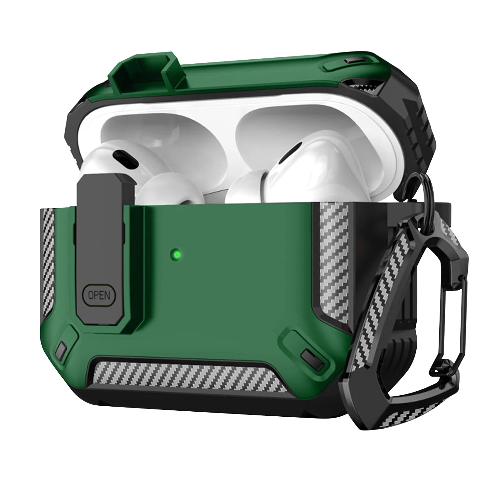 Rugged green and black carbon fibre style protective case for AirPods Pro, featuring a secure locking clip.