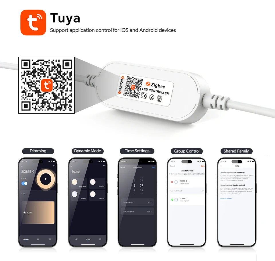 Smart Zigbee LED controller with white casing and app interface showing dimming, scheduling, and group control features.