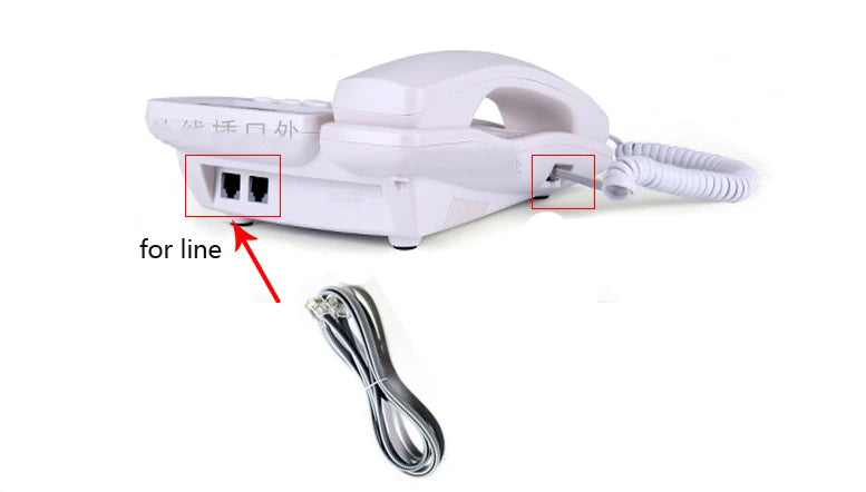 White corded landline telephone with handset, coiled cord, and separate telephone line cable.