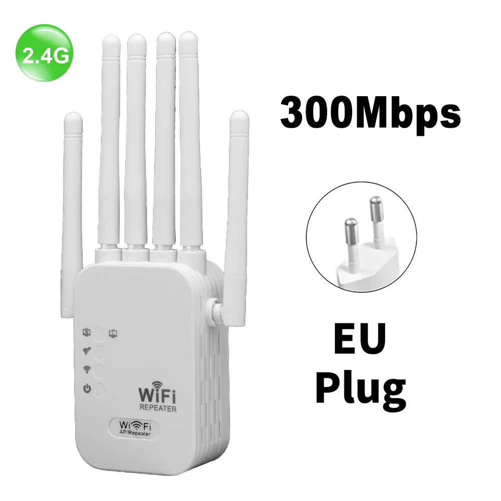 White wireless WiFi signal booster with four external antennas and an integrated EU plug.