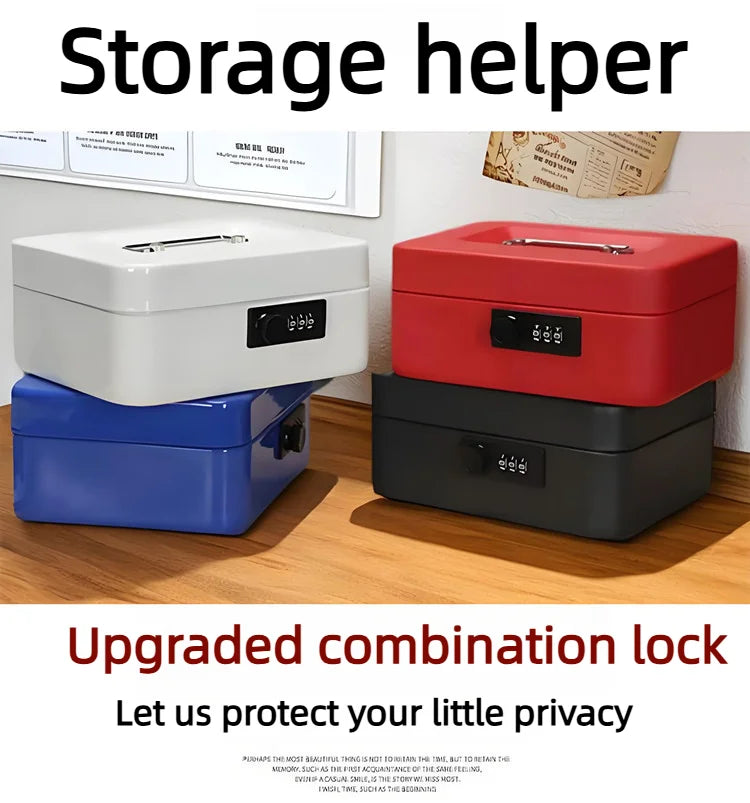 Stack of white, red, blue, and black metal cash boxes with metal handles and integrated combination locks.
