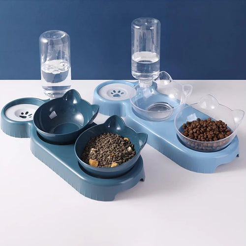 Two blue, cat-shaped pet feeding stations with detachable bowls and clear water dispenser bottles.