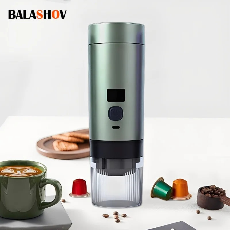 Green portable espresso machine on white table with cup, coffee capsules, and beans.