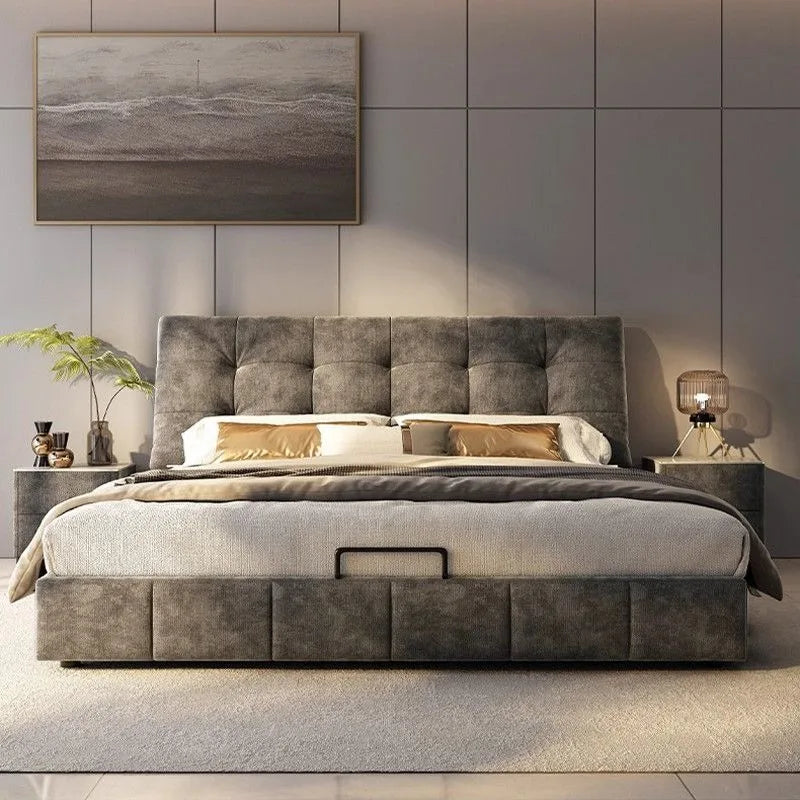 Modern grey upholstered bed frame with a tufted headboard and sleek minimalist design in a contemporary bedroom.