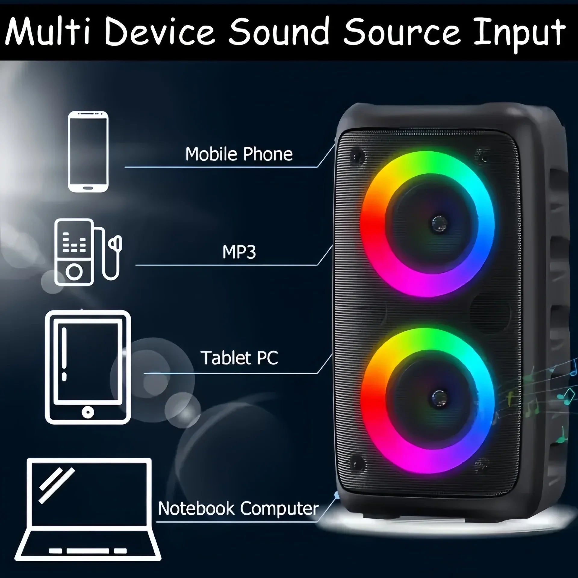 Portable black Bluetooth speaker with dual circular LED lights, showing compatibility with phones, tablets, and laptops.