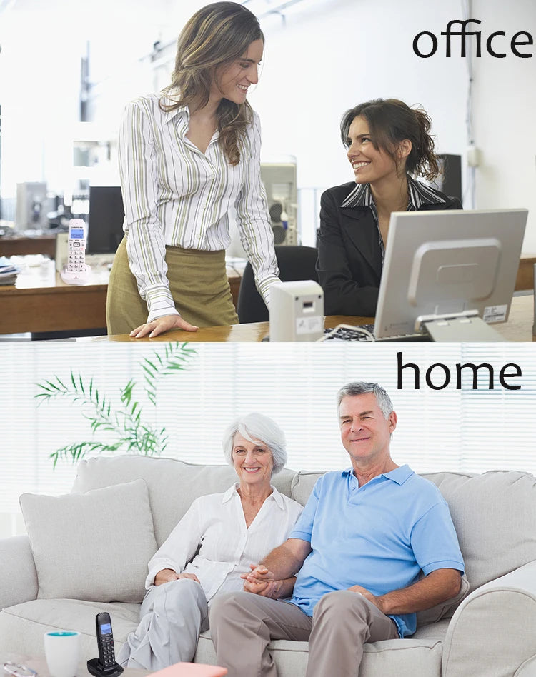 A white and a black cordless landline phone with a digital display, shown in office and home settings.