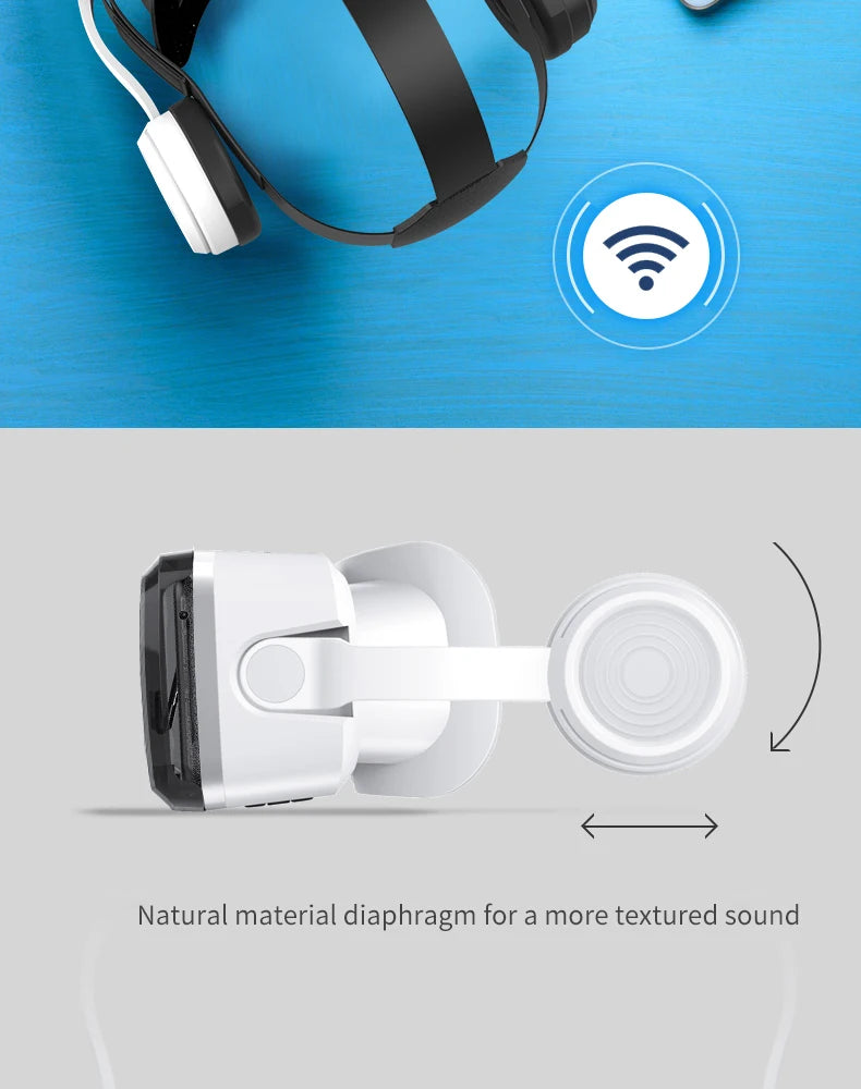 White 3D virtual reality headset with integrated, adjustable headphones featuring natural material diaphragms.