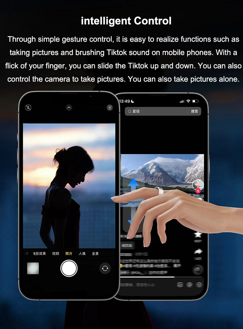 Sleek silver smart ring on a finger, used as a gesture controller for a mobile phone camera and social media scrolling.
