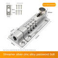 Silver-colored zinc alloy door bolt with a four-digit combination lock, including mounting screws and side pin.