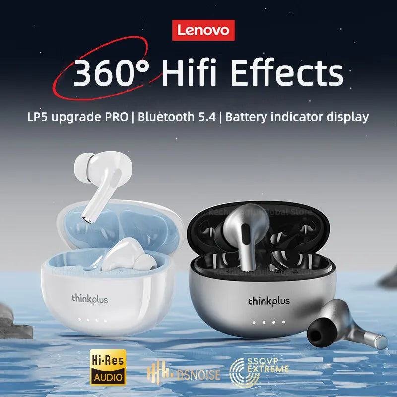 Two pairs of sleek, wireless earbuds in white and metallic silver with matching charging cases showing battery displays.