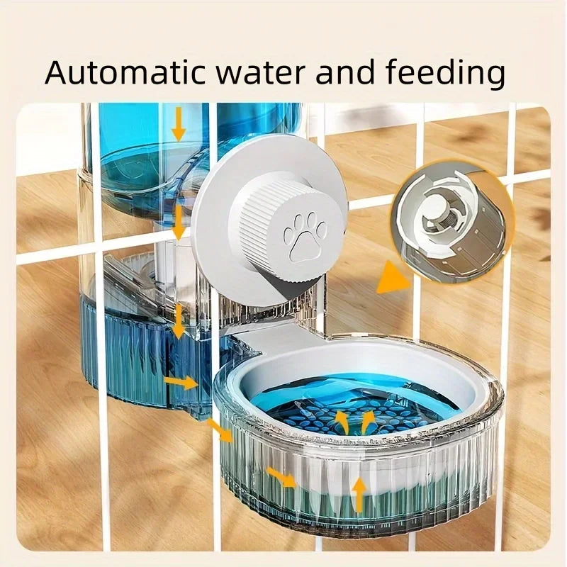 Clear plastic automatic pet water dispenser with a white paw-print dial, mounted to a wire cage.
